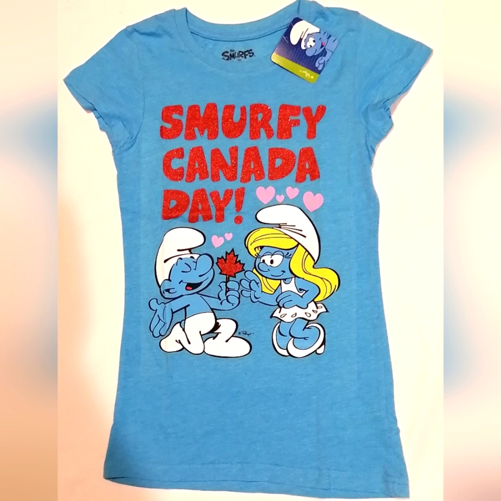 🔥SALE🔥 Smurfs Smurfy Canada Day Girl's Sparkly T-shirt NWT Sz (7-8) & (10-12)